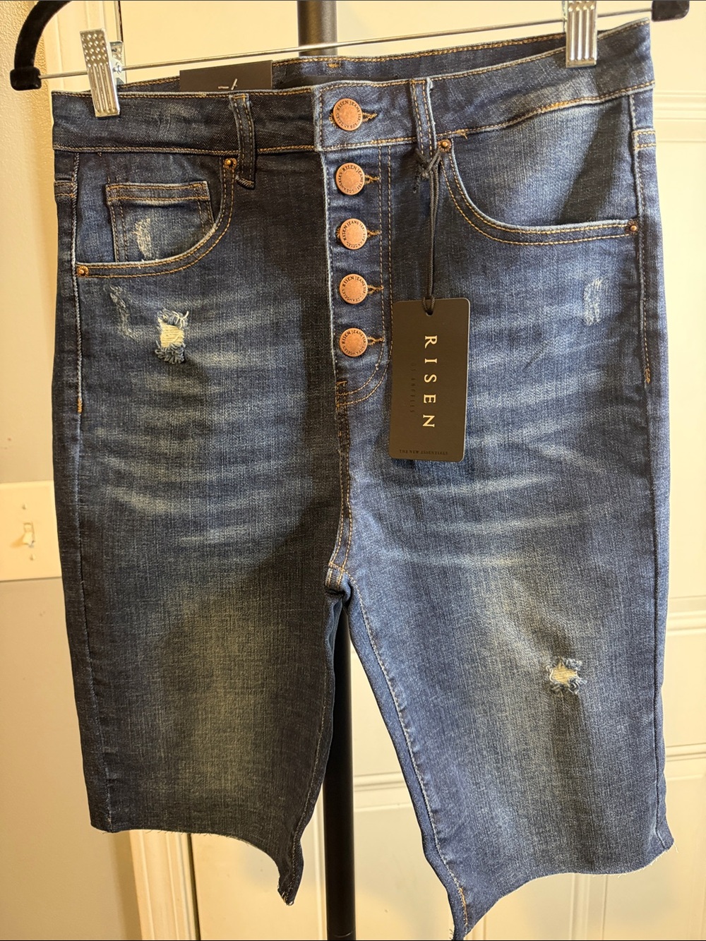 Risen Women's Dark Blue Denim Bermuda Shorts with Button Front